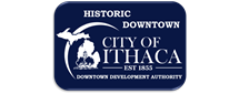 Historic Downtown Ithaca logo with Michigan map silhouette.